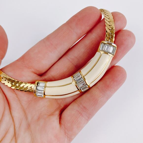 VTG Signed Swarovski Necklace Gold Tone Baguette Rhinestone 1980s Statement - Picture 4 of 16